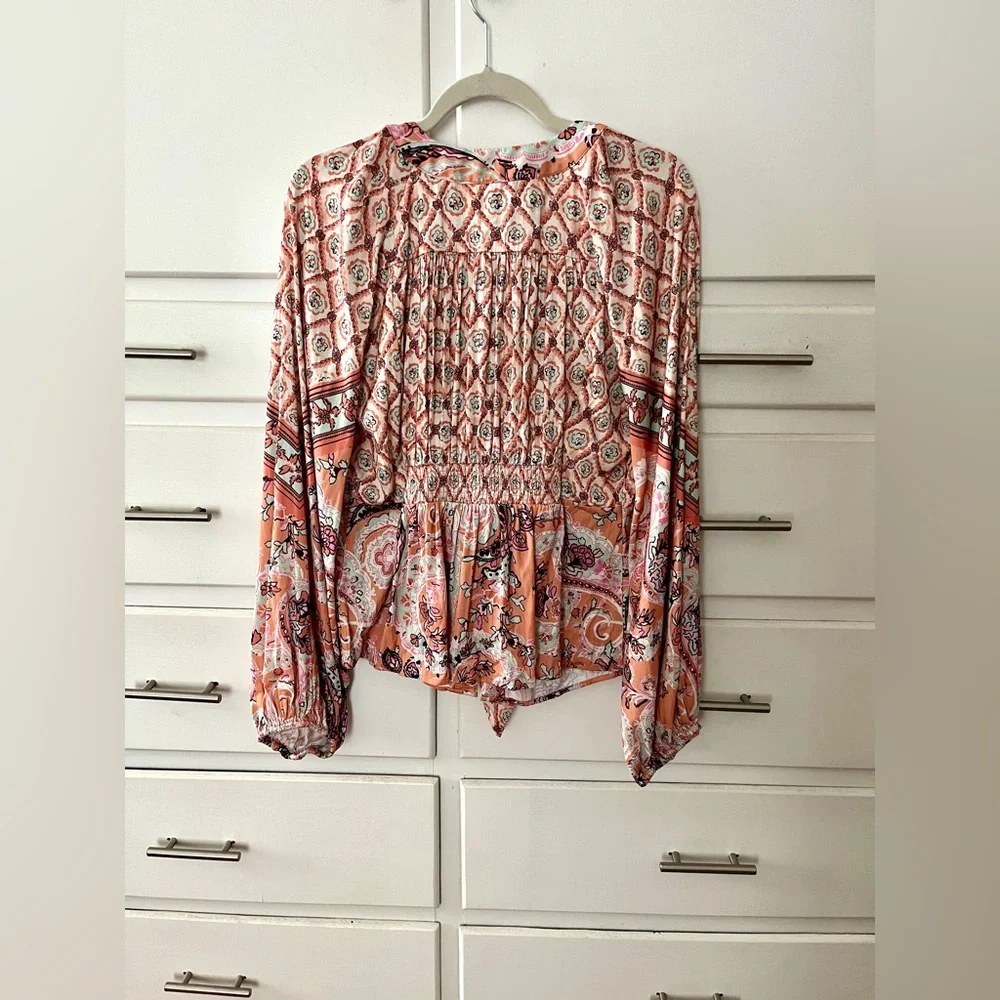 Free People Peach Paisley Tie-Front Blouse - Picture 4 of 11